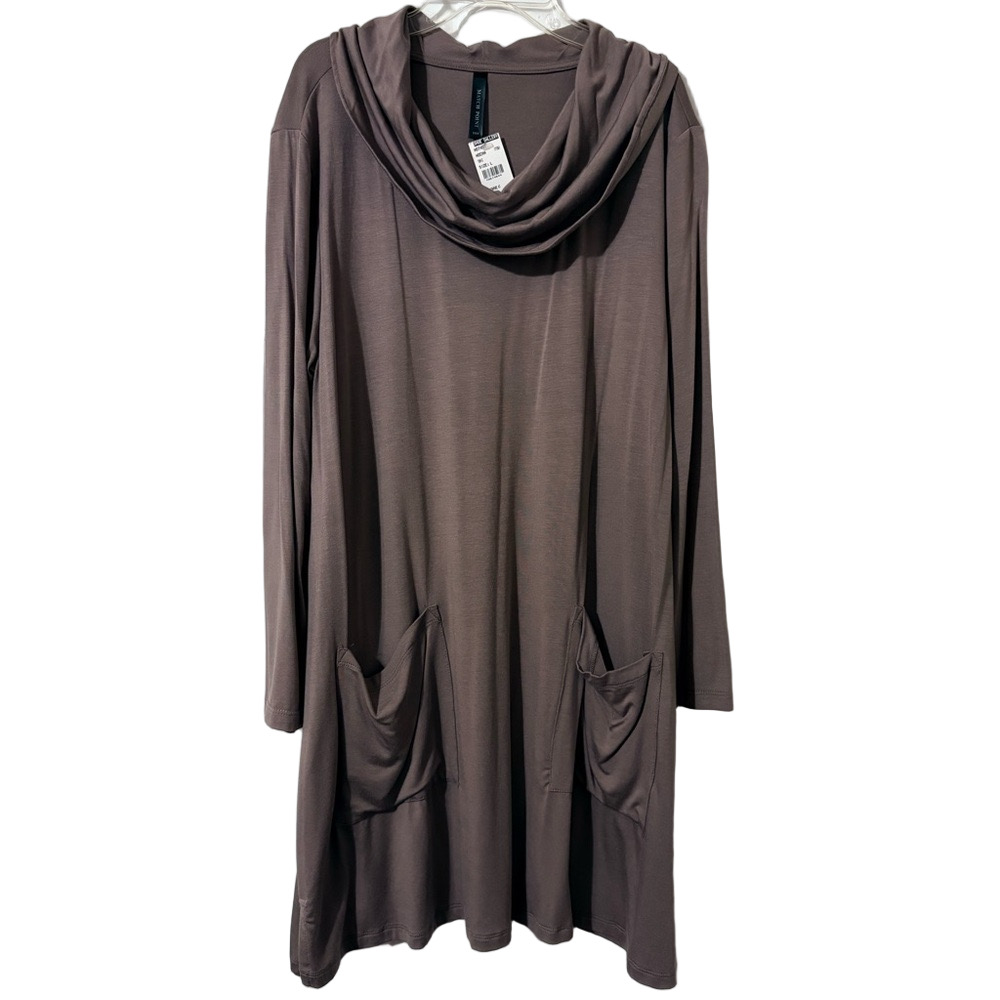 Match Point Mocha Cowl Neck Tunic Top Pockets Long Sleeve Size L